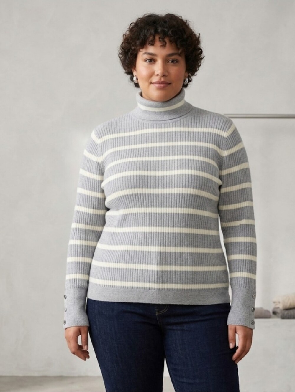 TALBOTS XL Petite Ribbed Knit Striped Turtleneck Sweater White Gray Metallic NWT
